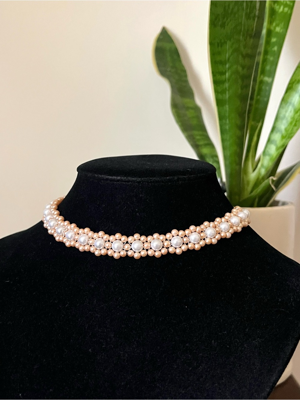 Vintage Peach & Pearl Beaded Floral Choker Necklace